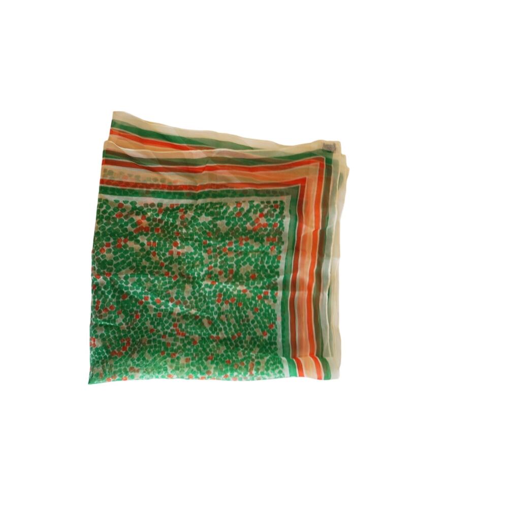 Vintage Burmel Scarf Green Orange Mosaic Chevron Sheer Hand Rolled Japan 26x27